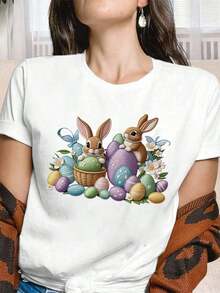 1 Piece Women's T-Shirt With Easter Bunny Embroidery, Colorful Eggs And Spring Flowers, Cotton Style, High Quality Fabric, Soft And Comfortable For Outdoor Use, Home Or Workouts, Perfect Gift Option, 180g 100% Cotton. - 白色 - 查看 2