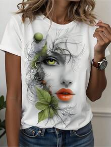 Women's Avant-Garde Art T-Shirt - Unique Plant Face Print With Green Leaves And Vines, Casual Short-Sleeved Crew Neck, Machine Washable, Stylish And Creative Design, Suitable For All Seasons. | Art Print T-Shirt | Durable - 白色 - 查看 1
