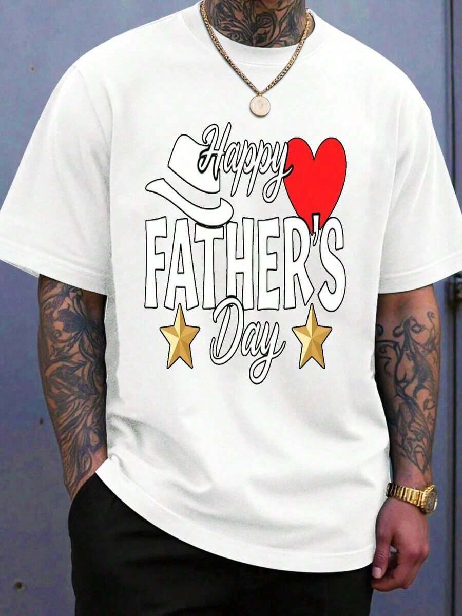 Camiseta de algodón blanca para hombre con diseño de corazón y estrellas y sombrero para el Día del Padre, regalo para celebración del Día del Padre. - Blanco - Ver 1