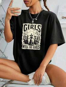 1 Halloween Witch Print T-Shirt, Casual Short Sleeve Round Neck T-Shirts For Summer And Spring, Women's T-Shirts, 180g 100% Cotton. - 黑色 - 查看 8