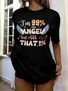 I'm 99% Angel But That 1% Is Funny, Women's Oversized Angel And Devil Graphic T-Shirt, Wings And Halo Print, Loose Fit, Short Sleeve, Crew Neck, Casual Cotton T-Shirt, Plus Sizes For Everyday Wear, Mexican Fashion Clothing For Women, Pretty Blouses, 100% Cotton - 黑色 - 查看 1