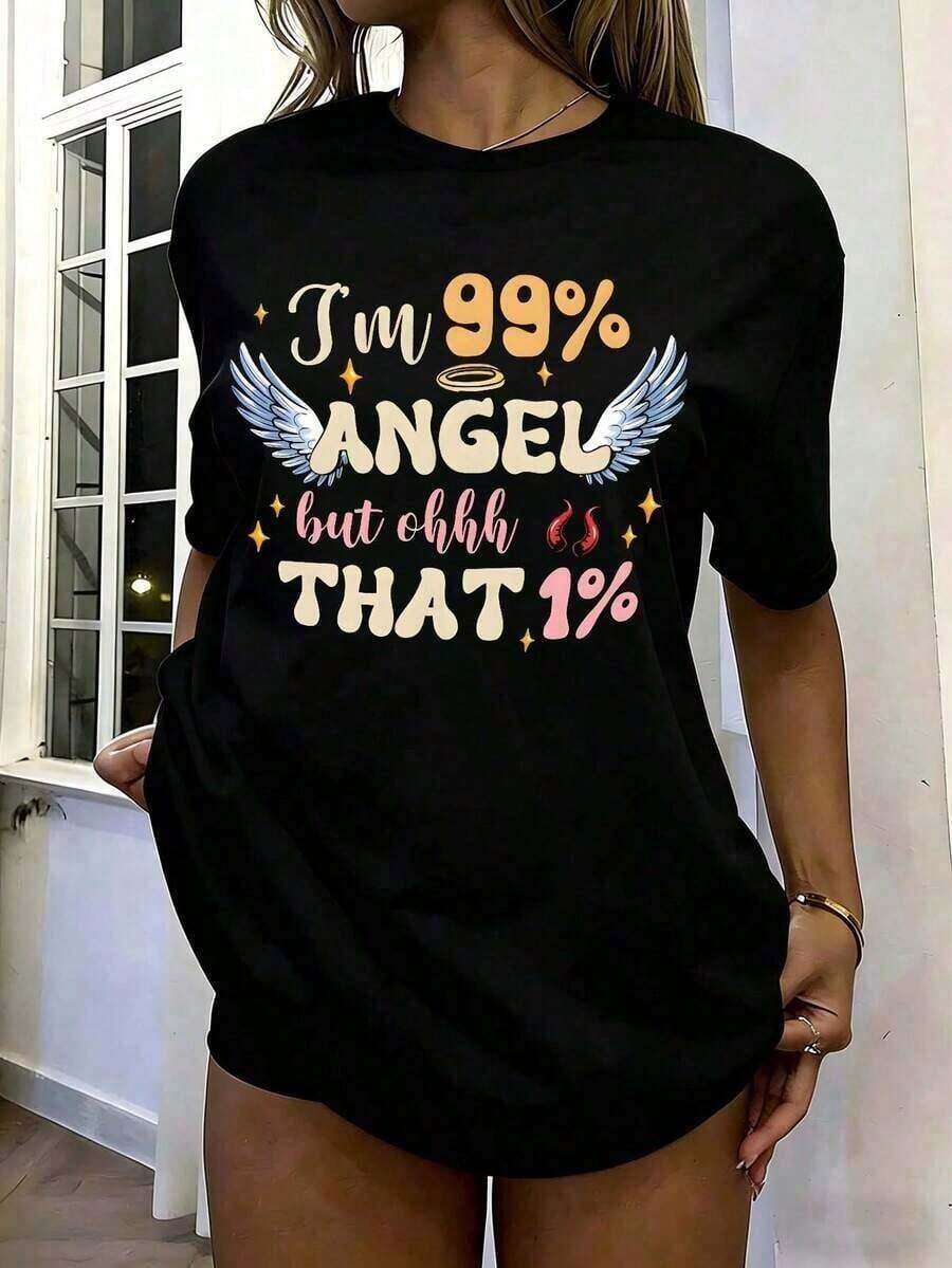 I'm 99% Angel But That 1% Is Funny, Women's Oversized Angel And Devil Graphic T-Shirt, Wings And Halo Print, Loose Fit, Short Sleeve, Crew Neck, Casual Cotton T-Shirt, Plus Sizes For Everyday Wear, Mexican Fashion Clothing For Women, Pretty Blouses, 100% Cotton - 黑色 - 查看 1
