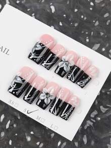 Set de 10 piezas de arte de uñas estilo Y2K Hiphop hecho a mano, que incluye pegatinas de manicura francesa nude y negra, calcomanías de uñas florales 3D y pegatinas de uñas acrílicas con cuentas doradas. Adecuado para damas y niñas para fiestas, uso diario y regalos de uñas - Negro - Ver 10