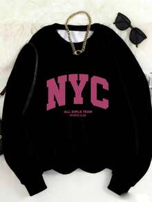 MSUCC|Women's Basic Crew Neck T-Shirt, Printed, American Style, Modern And Youthful Design, Suitable For All Seasons And Everyday Wear, With Soft Fabric|Women's NYC Print Sweatshirt - 黑色 - 查看 1