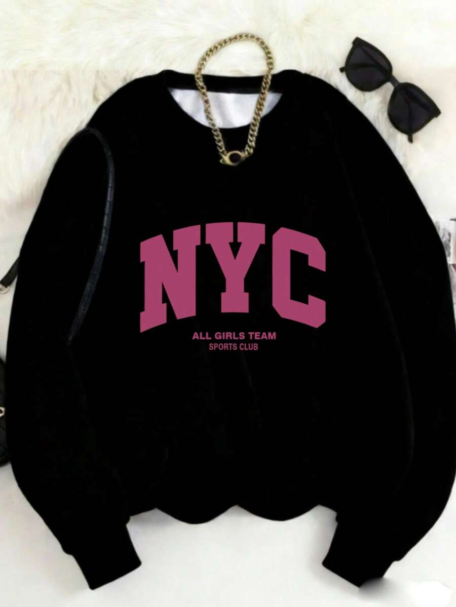 MSUCC|Women's Basic Crew Neck T-Shirt, Printed, American Style, Modern And Youthful Design, Suitable For All Seasons And Everyday Wear, With Soft Fabric|Women's NYC Print Sweatshirt - 黑色 - 查看 1