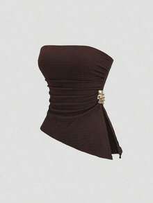 Top corto sexy de mujer con detalle fruncido y abertura lateral - Marrón - Ver 7