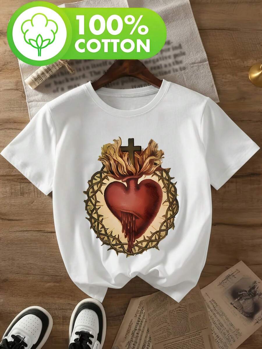 Women's Short-Sleeved T-Shirt, Retro Internet Celebrity Style, Featuring A Sacred Heart With Crown Of Thorns And Cross Design, 100% Pure Cotton, Round Neck, Printed Design, Soft And Comfortable Casual Style, Available In Multiple Colors For Spring, Summer And Autumn, A Great Gift Choice. - White - View 1