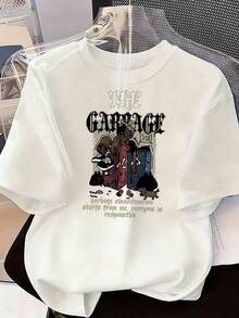 T-Shirt With "GARBAGE" Text And Dark Urban Graphic,  Short-Sleeved T-Shirt For Spring And Summer 2026, Made In Mexico, 180 Grams. Cartoon Print, Couple Design, Suitable For Indoor Or Outdoor Wear. Crew Neck, Unisex, Ideal For Office And Leisure. One-Pack. - WH-P631577SLNDXZGY620 - 查看 2