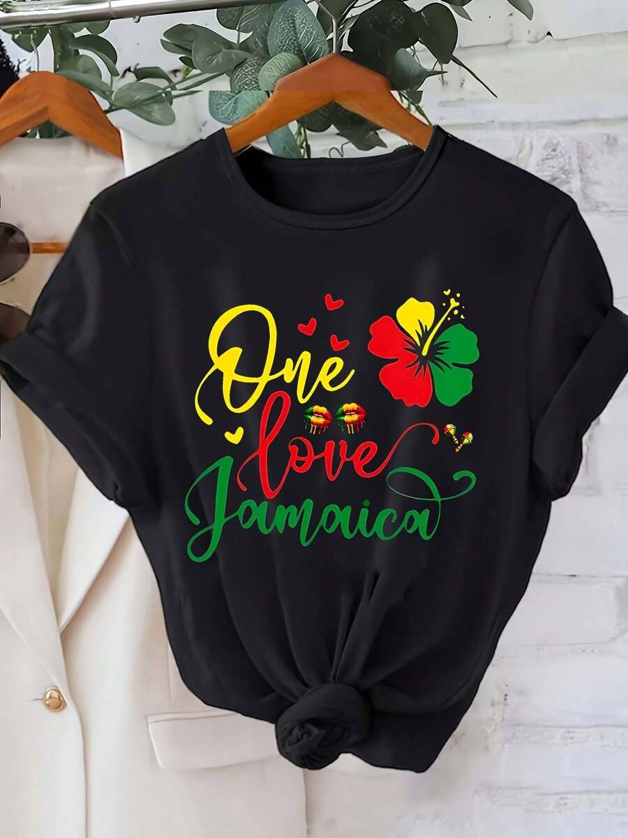 Plus Size Women's T-Shirt - Vibrant "Love Of Jamaica" Print T-Shirt - Soft And Breathable Short-Sleeve Crew Neck Casual Top Adorned With Colorful Floral And Pearl Patterns, Perfect For Spring And Summer Casual Wear. | Vibrant Print Top | Soft Textured T-Shirts For Women - 黑色 - 查看 1