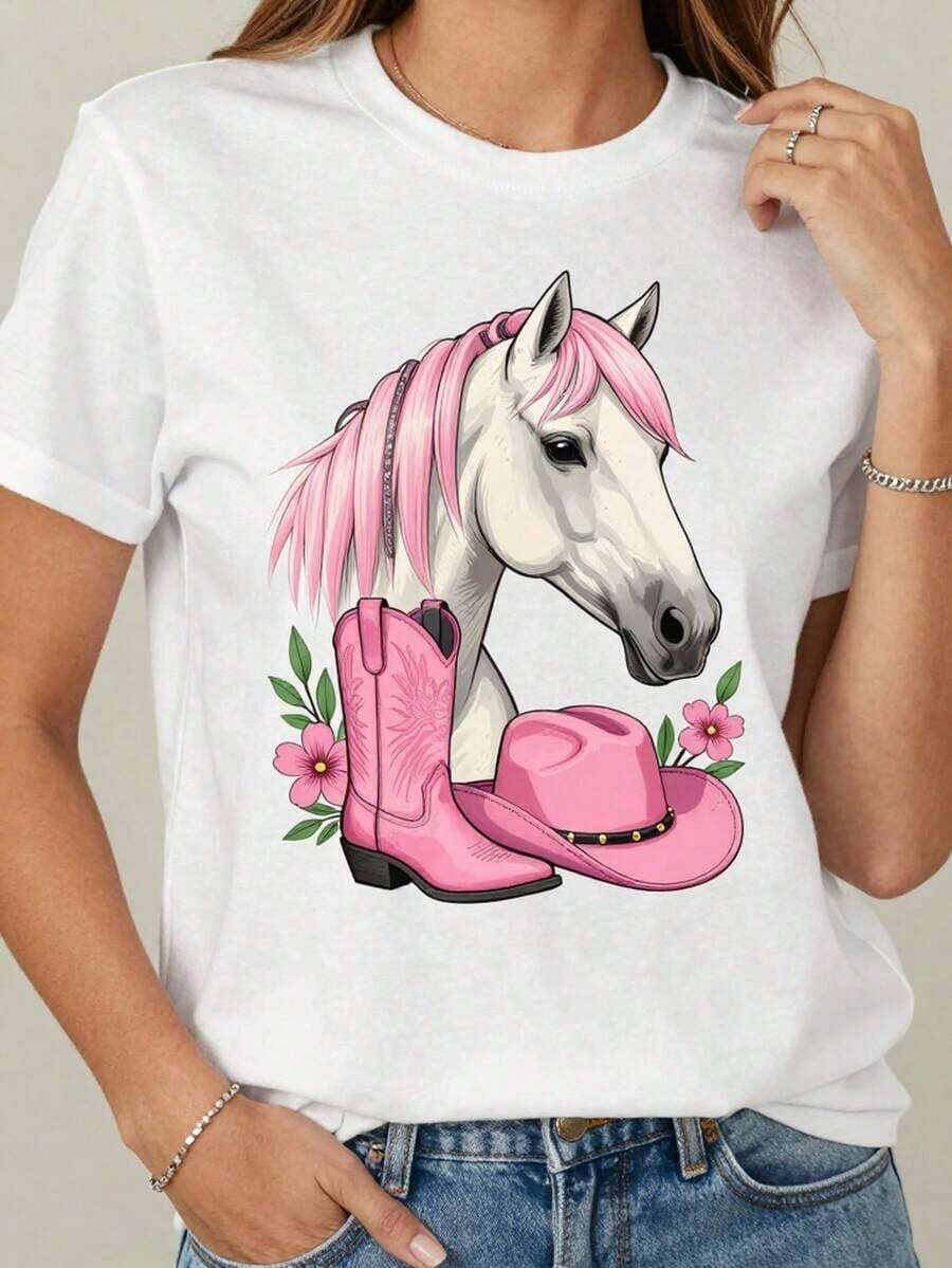 Women's Retro Graphic Cowboy T-Shirt, Pink Western Design With Floral Horse And Boots Print, Breathable, Short Sleeve, Crew Neck, Regular Fit, Casual Spring And Summer Top, Medium Stretch Fabric, Suitable As A Gift. Women's T-Shirt. Blouses>Elegant. Boho Chic. Soft, Breathable, And Comfortable Women's Top, Ideal For Spring, Summer, And Autumn, Perfect For Vacations, Travel, And Everyday Wear. - 白色 - 查看 1