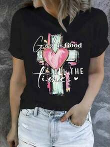 1 pieza de camiseta casual para mujer 100% algodón con estampado inspirador "Dios es bueno en todo momento", corte holgado, cuello redondo, manga corta, transpirable, ideal para verano, camping al aire libre y regalos de vacaciones, uso en todas las estaciones. |     Camiseta con Diseño Religioso |     Camiseta de tela de punto para mujer Flatsoft - Negro - Ver 7