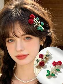 1pc Gancho de cabelo feminino, gancho de cabelo com flor de rosa elegante e requintada em estilo retrô, acessório de cabelo para franja lateral, decoração de cabelo nupcial, barrettes de cabelo, garras de cabelo - Multicolorido - Ver 1