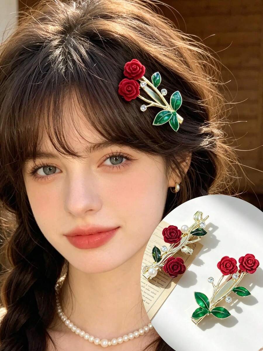 1pc Gancho de cabelo feminino, gancho de cabelo com flor de rosa elegante e requintada em estilo retrô, acessório de cabelo para franja lateral, decoração de cabelo nupcial, barrettes de cabelo, garras de cabelo - Multicolorido - Ver 1