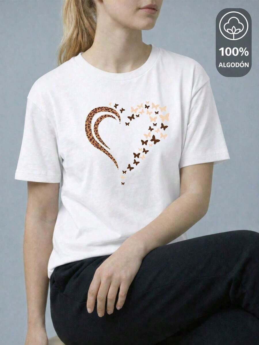 Y2K Style, Fashionable Style, 2026 Newest, Cute Style, Casual Style. Women's Printed T-Shirt "100% COTTON" - "HEART & BUTTERFLIES EDITION" KING SHENDY STORES VENDY 180g (S-XXXL) - 白色的 - 查看 1