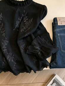 Women's Solid Color Ruffle Collar Top, Suitable For Evening Dates Black, Elegant - Black - View 5