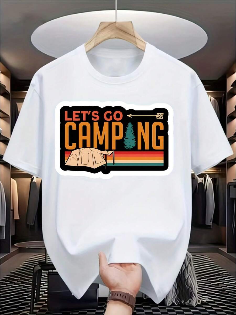 [Camping Charge]Men's Casual T-Shirt With Digital Print - 100% Cotton, Round Neck, Short Sleeve, Urban Hip-Hop Style, European And American Summer Fashion, Sporty Style. - 白色 - 查看 1