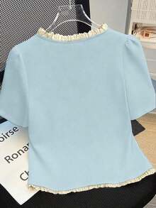 2026 Everyssa Camiseta de mujer con elegante acabado de encaje en contraste de colores, para verano - Celeste - Ver 2