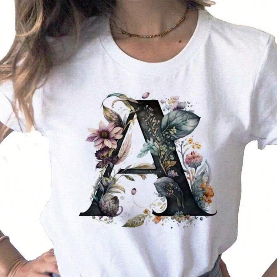 Women's Short-Sleeved T-Shirts, Round Neck, 100% Cotton, New Women's T-Shirt, Custom Printing With Name And Letter Combination, Floral Letter Print T-Shirt, Short Sleeve, Feminine T-Shirts. - 白色 - 查看 1