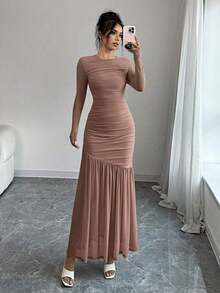 Vestido largo de manga larga con cuello redondo y malla para mujer, vestido casual de otoño.Adecuado para ropa de otoño, atuendo de regreso a clases, atuendo de maestro - Rosa vieja - Ver 4