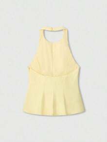 Top sin mangas de cuello halter de unicolor minimalista para mujer, rosa, de verano - Amarillo - Ver 2