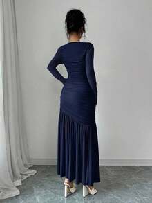 Vestido largo de manga larga con cuello redondo y malla para mujer, vestido casual de otoño.Adecuado para ropa de otoño, atuendo de regreso a clases, atuendo de maestro - Azul marino - Ver 2