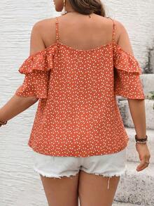 Camiseta romántica con volantes y escote descubierto de corazoncitos para vacaciones, talla grande.Ideal para fiesta casual, picnic o San Valentín. - Naranja - Ver 2