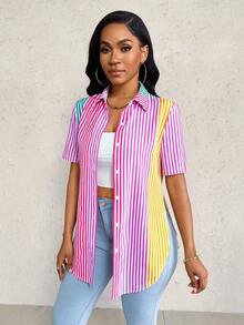Camisa de mujer de manga corta, ajuste ceñido, con dobladillo curvo dividido, unicolor minimalista, para uso diario y casual en verano - Multicolor 2 - Ver 1
