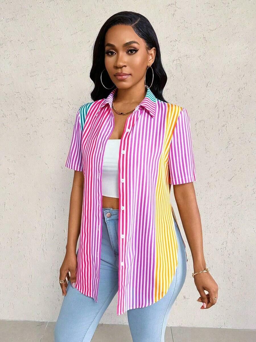 Camisa de mujer de manga corta, ajuste ceñido, con dobladillo curvo dividido, unicolor minimalista, para uso diario y casual en verano - Multicolor 2 - Ver 1