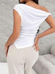 Camiseta de verano con hombro asimétrico con volantes y bajo asimétrico, estilo para ir al trabajo - Blanco - Ver 2