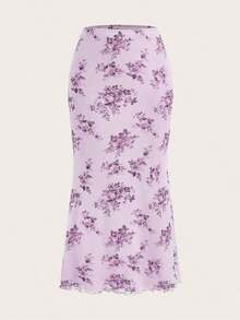 Falda de malla con estampado floral para mujer con cinturilla elástica y dobladillo de sirena - Lila Púrpura - Ver 6