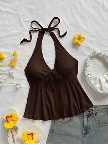Bata escote en V con lazo y espalda descubierta informal de estilo casual para vacaciones, adecuada para el verano - Marrón - Ver 1