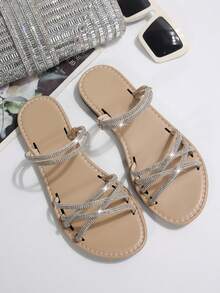 Summer New Round Toe Criss-Cross Glass Rhinestone Slip-On Sandals, Casual Fashion Two-Way Wear Flat Beach Vacation Slippers For Women - Apricot - View 7