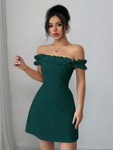 Vestido romántico con hombros descubiertos y volantes en la cintura para mujeres - Verde Oscuro - Ver 4