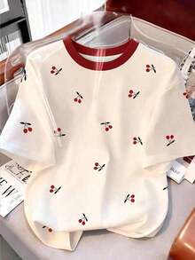 Camiseta casual para mujer, gris, nuevo diseño de verano, cuello redondo, estampado de cerezas dulces, diseño gráfico, estilo estudiantil, ajuste versátil minimalista, adecuado para uso diario, al aire libre, viajes, cómodo, esencial para mujeres - Multicolor 6 - Ver 1