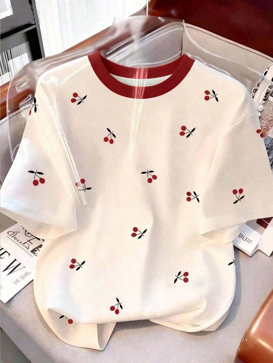 Camiseta casual para mujer, gris, nuevo diseño de verano, cuello redondo, estampado de cerezas dulces, diseño gráfico, estilo estudiantil, ajuste versátil minimalista, adecuado para uso diario, al aire libre, viajes, cómodo, esencial para mujeres - Multicolor 6 - Ver 1