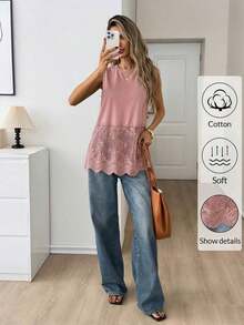 Top sin mangas de mujer con cuello redondo y dobladillo de encaje, primavera/verano - Rosa vieja - Ver 6