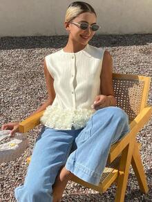 Chaqueta de verano casual y elegante de lino sin mangas con cuello redondo y adorno floral para mujer - Albaricoque - Ver 3
