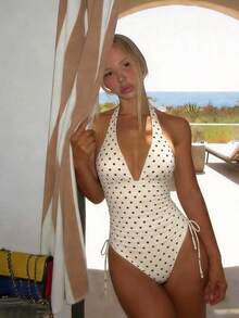 Elegante y sexy traje de baño de una pieza con escote en V y lunares marrones, blanco, casual para primavera/verano, traje de baño de moda para playa, resort y fiesta en la piscina - Multicolor - Ver 4