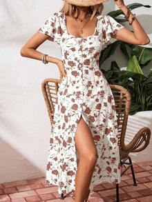 Frenchy Vestido con botones frontales, mangas con volantes y estampado floral para vacaciones de verano de mujer - Cafetería - Ver 5