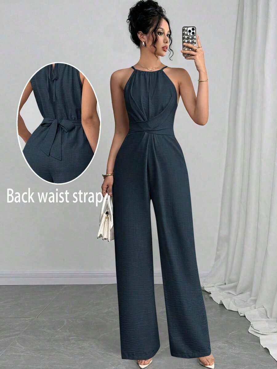 Mono sin mangas de un solo color con diseño cruzado para mujer, atuendo elegante para festivales, fiestas, festivales de música, temporada de graduación, playa, vacaciones y uso diario - Azul marino - Ver 1