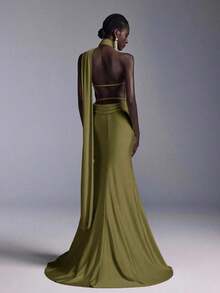 Vestido largo de sirena con espalda abierta y ajustado, de estilo minimalista, adecuado para asistir a fiestas formales, reuniones y galas formales de damas - Verde militar - Ver 1