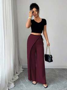 Elenzya Pantalones anchos de traje de color block elegante color albaricoque para mujeres - Burdeos - Ver 5