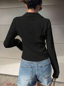 Camisa con botones delanteros sólidos, blusas de manga larga, ropa de otoño, blusas con estilo preppy - Negro - Ver 2