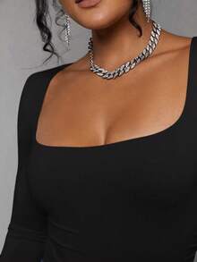 Body De Manga Larga Con Cuello Cuadrado Para Mujer - Negro 2 - Ver 3