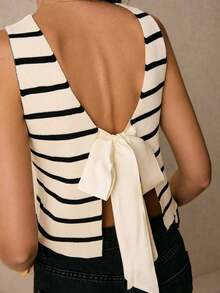 Top corto sin mangas con cuello redondo y espalda con nudo, estampado de rayas, para verano, top con espalda abierta - Blanco y Negro - Ver 4