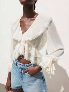 Blusa con botones y mangas con volantes con estampado floral de verano - Blanco - Ver 7