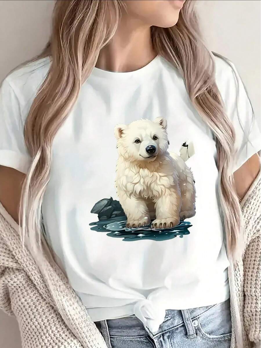 Lightweight And Durable Black T-Shirt With A White Polar Bear Design, Ideal For Casual Wear At Home Or Outdoors, Offering A Comfortable Fit For Everyday Use - 白色 - 查看 1