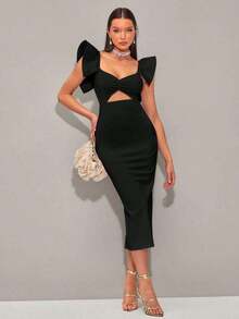 YHHSHEIN  Vestido girante delantero ribete con fruncido con abertura con abertura traseraYHH - Negro - Ver 6