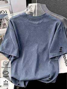 Denim Blue Pure Cotton Floral T-Shirt, Ribbed Color-Blocked Party , Round Neck Loose T-Shirt, Vacation Wear, Casual Sportswear, Unisex Style, Soft And Comfortable - Denim Blue - View 3