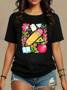 Camiseta de manga corta de moda para primavera y verano de 2026, hecha en México, 180 gramos. Estampado de dibujos animados, modelo de pareja, apta para uso interior o exterior. Cuello redondo, unisex, ideal para oficina y ocio. Paquete de una pieza. blusas casuales para dama - Negro - Ver 7